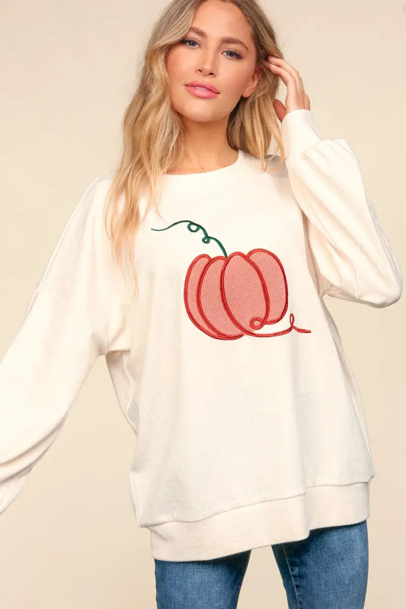 Full Size Embroidery Pumpkin Long Sleeve Knit Top - Sweatshirt - Haptics - Winter Collection