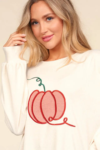 Full Size Embroidery Pumpkin Long Sleeve Knit Top - Sweatshirt - Haptics - Winter Collection