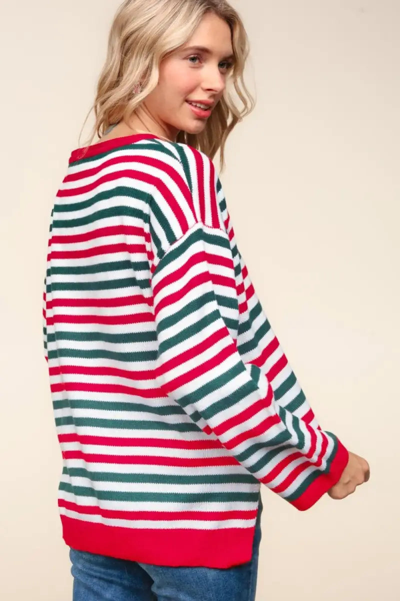 Full Size Striped Contrast Side Slit Knit Top - Sweater - Haptics - Sweaters & Knitwear