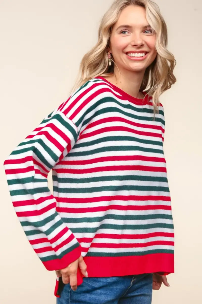 Full Size Striped Contrast Side Slit Knit Top - Sweater - Haptics - Sweaters & Knitwear