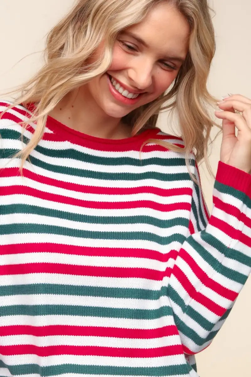 Full Size Striped Contrast Side Slit Knit Top - Sweater - Haptics - Sweaters & Knitwear