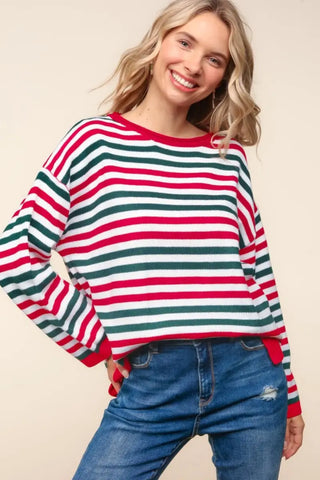 Full Size Striped Contrast Side Slit Knit Top - Sweater - Haptics - Sweaters & Knitwear