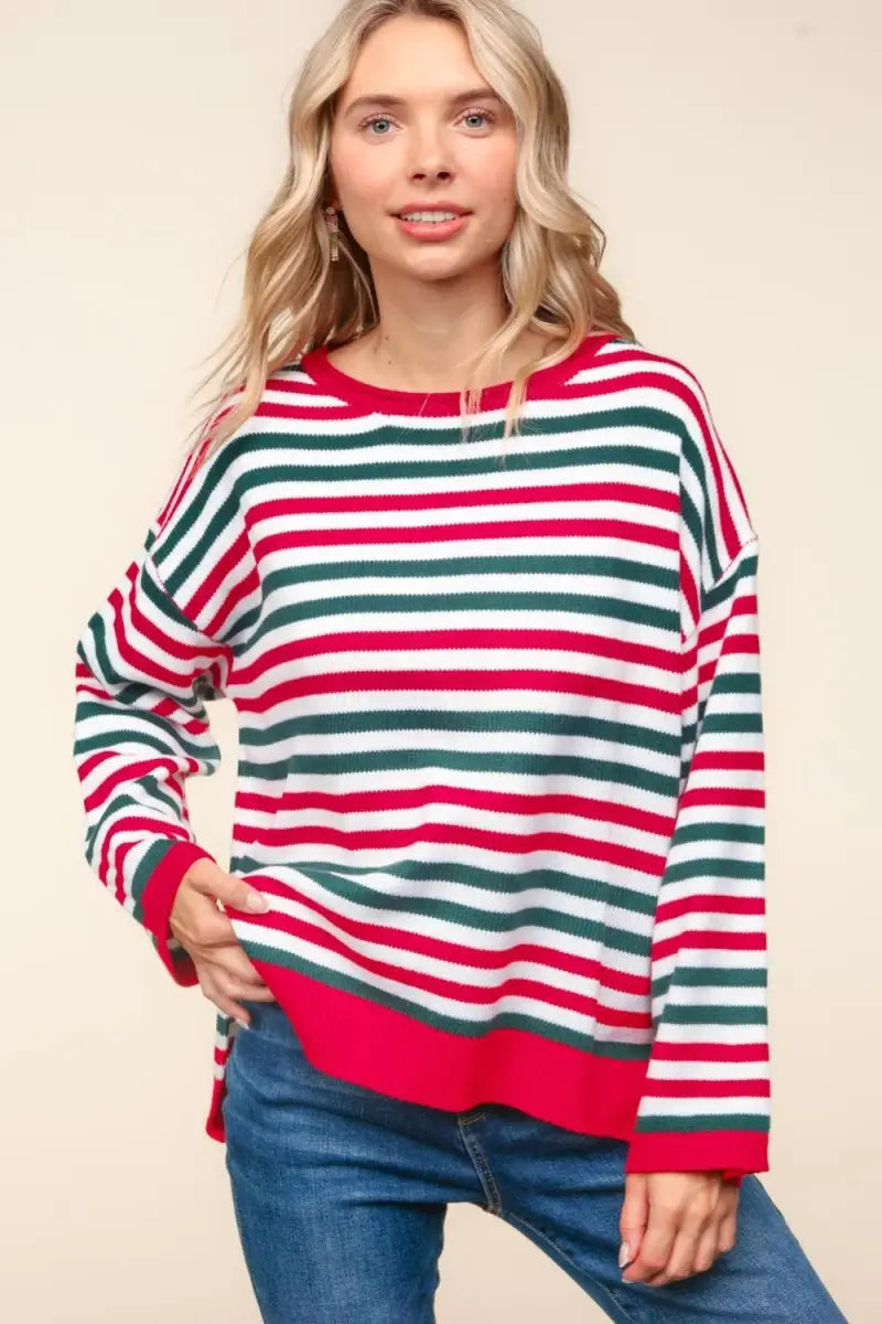 Full Size Striped Contrast Side Slit Knit Top - Sweater - Haptics - Sweaters & Knitwear