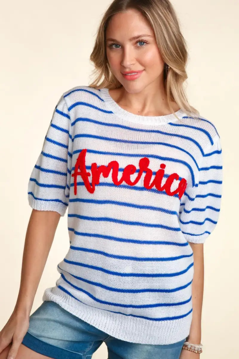 Ivory/Blue/Red / S - Letter Embroidery Striped Knit Top - Sweater - Haptics - Sweaters & Knitwear