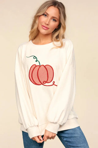 Ivory / S - Full Size Embroidery Pumpkin Long Sleeve Knit Top - Sweatshirt - Haptics - Winter Collection