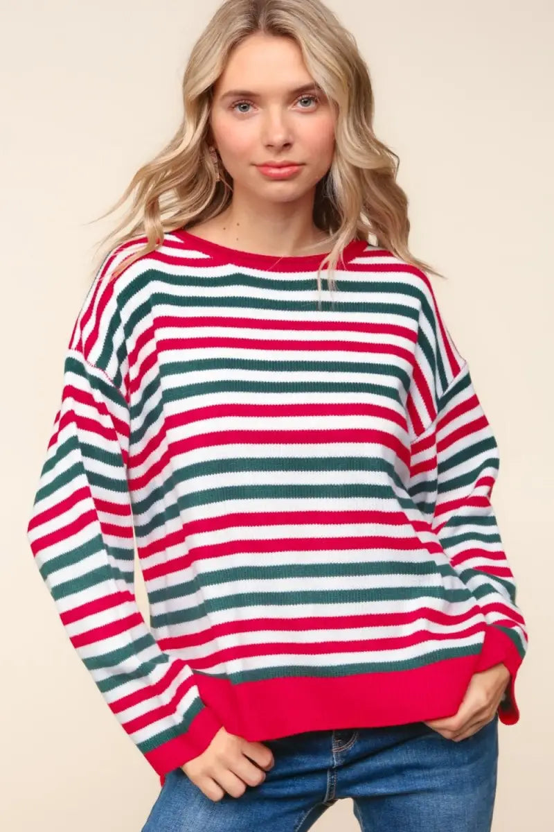 Red/Hunter Green / S - Full Size Striped Contrast Side Slit Knit Top - Sweater - Haptics - Sweaters & Knitwear