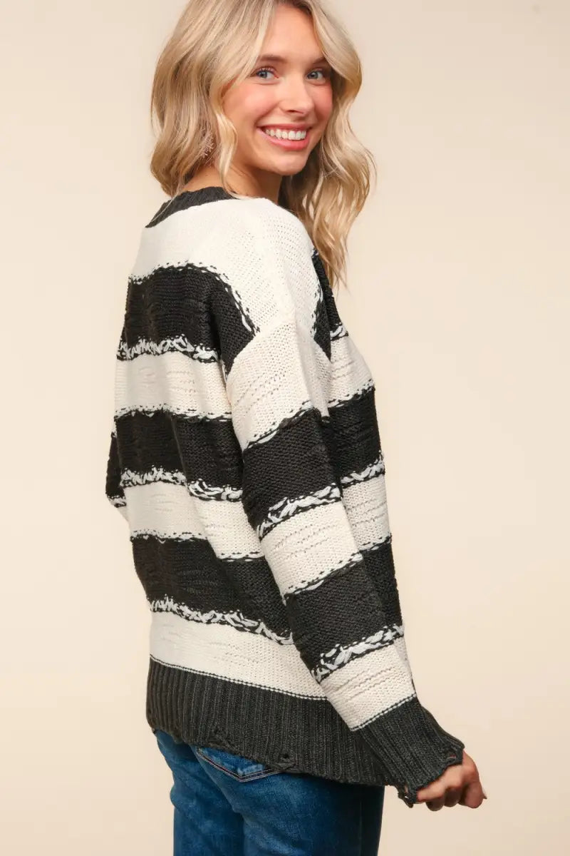 Striped Contrast Distressed Sweater - Sweater - Haptics - Sweaters & Knitwear