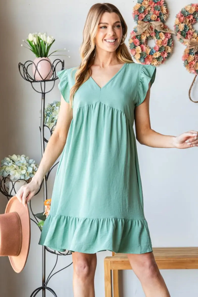 Dusty Sage / S - Full Size Short Sleeve V Neck Ruffled Hem Dress - Dress - Heimish - Dresses