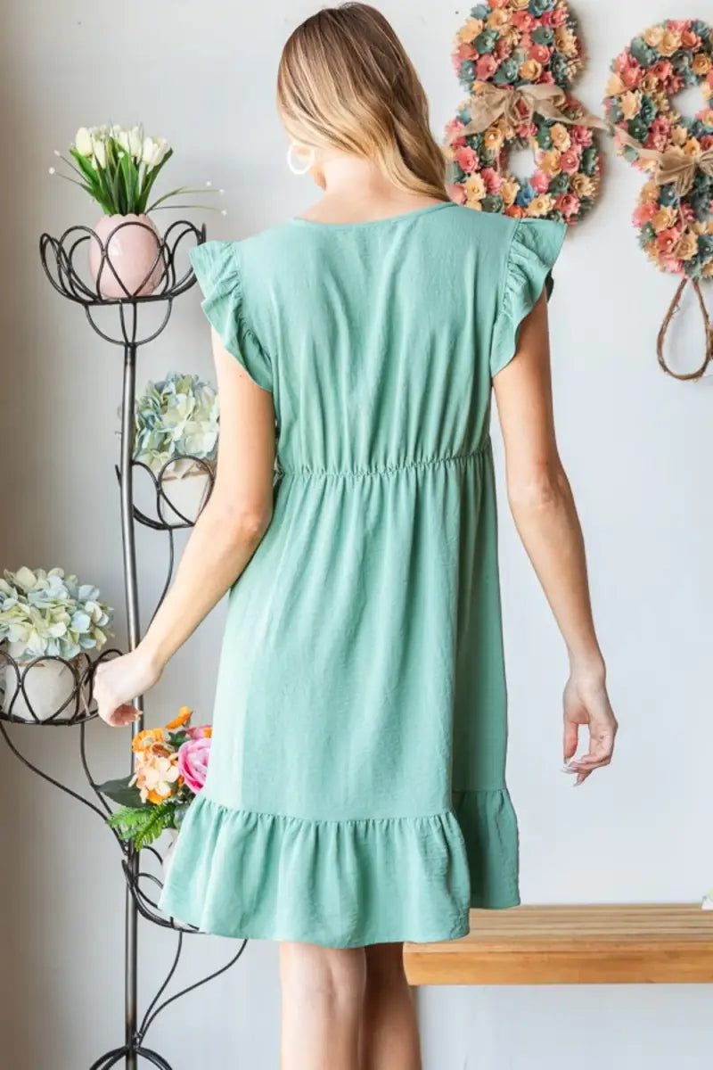 Full Size Short Sleeve V Neck Ruffled Hem Dress - Dress - Heimish - Dresses