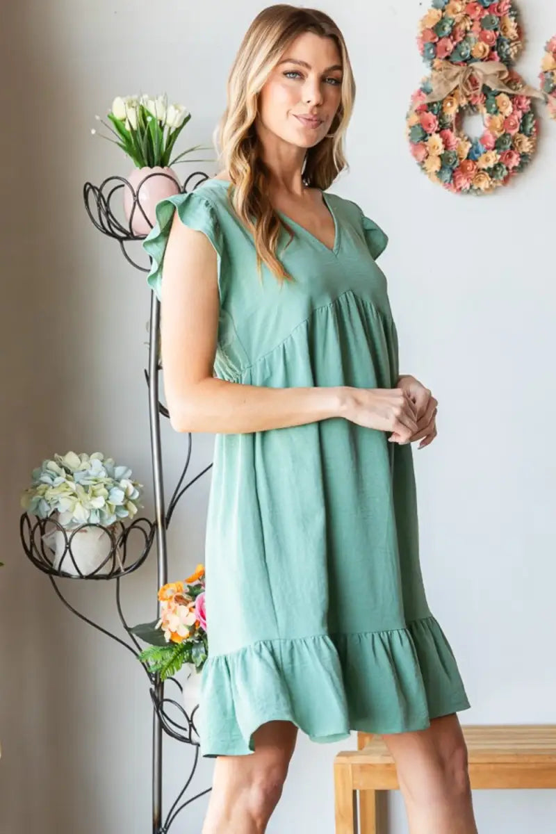 Full Size Short Sleeve V Neck Ruffled Hem Dress - Dress - Heimish - Dresses