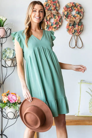 Full Size Short Sleeve V Neck Ruffled Hem Dress - Dress - Heimish - Dresses