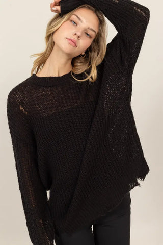 Black / S - Distressed Long Sleeve Knit Top - Sweater - HYFVE - Winter Collection