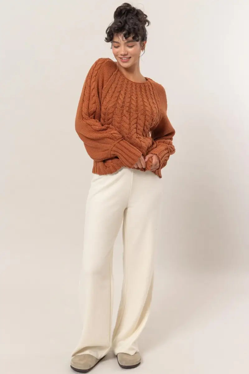 Cable-Knit Round Neck Raglan Sleeve Sweater - Sweater - HYFVE - Winter Collection