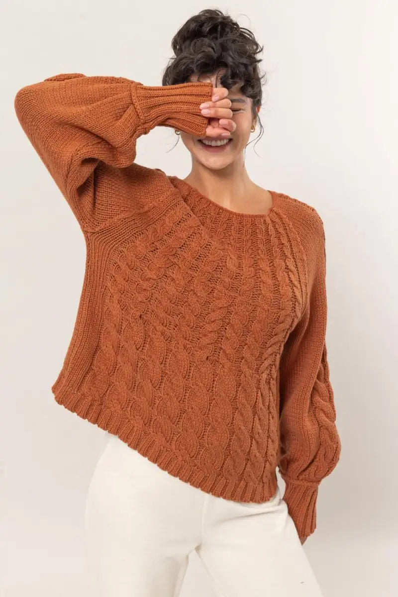 Cable-Knit Round Neck Raglan Sleeve Sweater - Sweater - HYFVE - Winter Collection