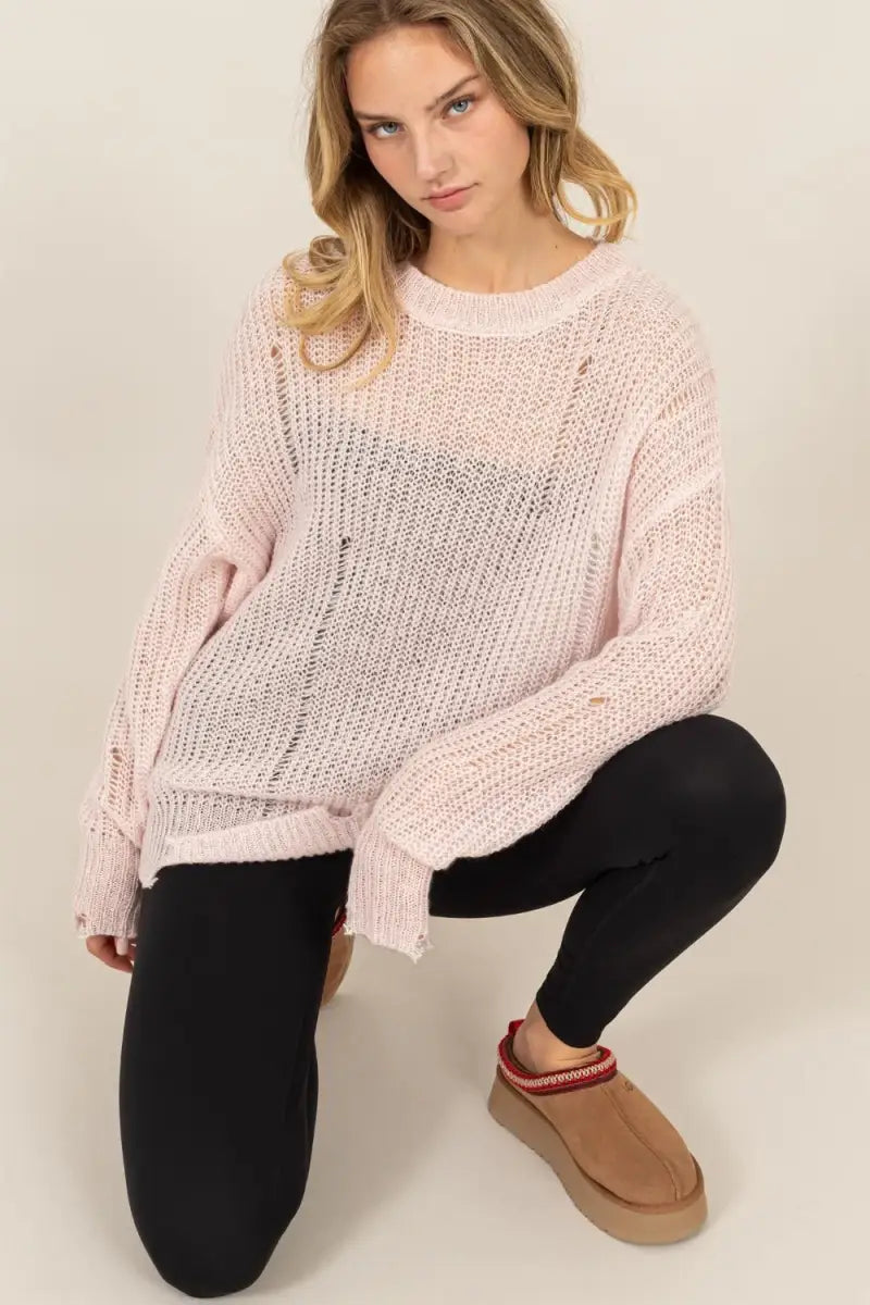 Pale Pink / S - Distressed Long Sleeve Knit Top - Sweater - HYFVE - Winter Collection