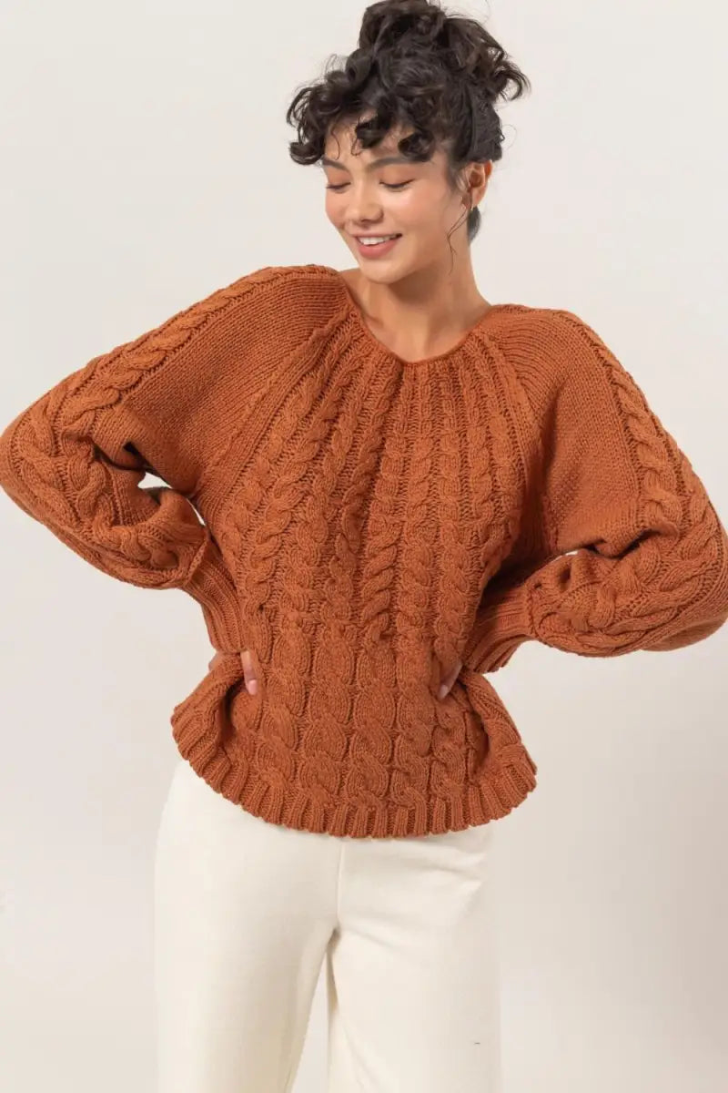 Rust / S - Cable-Knit Round Neck Raglan Sleeve Sweater - Sweater - HYFVE - Winter Collection