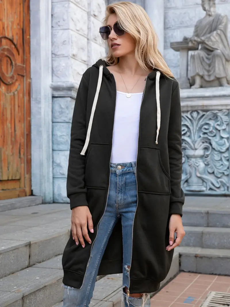 Full Size Zip-Up Longline Hoodie with Pockets - Hoodie - Ivy Lane - Tops