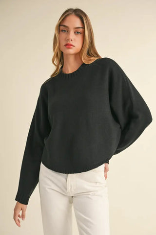 Black / S - Round Neck Dolman Sleeve Cropped Sweater - Sweater - MABLE - Winter Collection