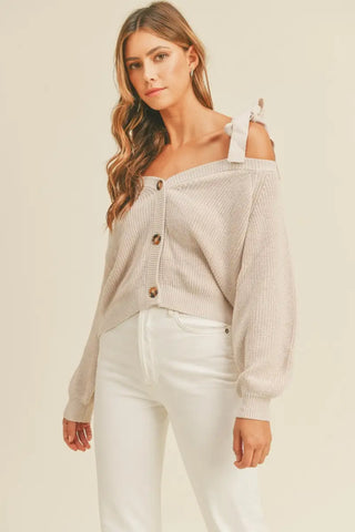 Dusty Lavender / S - Off Shoulder Self Tie Strap Button Down Sweater - Sweater - MABLE - Winter Collection