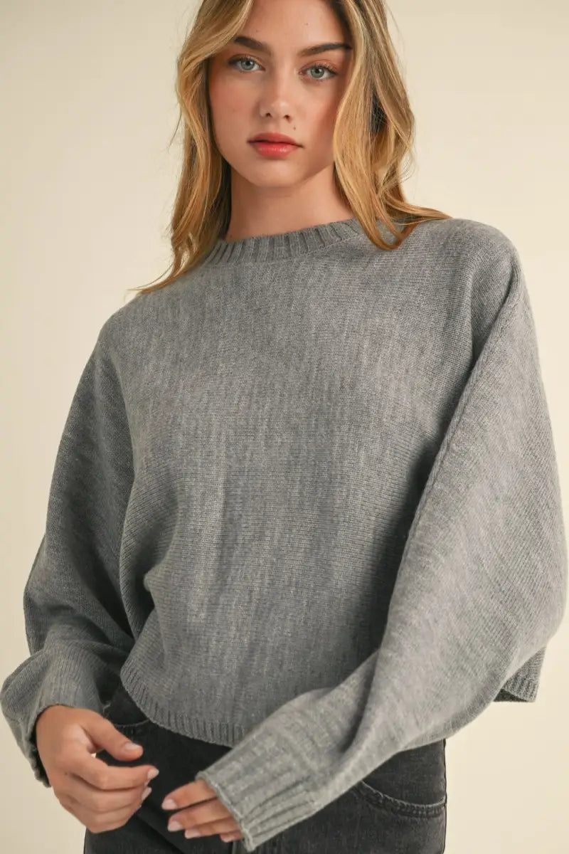 Gray / S - Round Neck Dolman Sleeve Cropped Sweater - Sweater - MABLE - Winter Collection