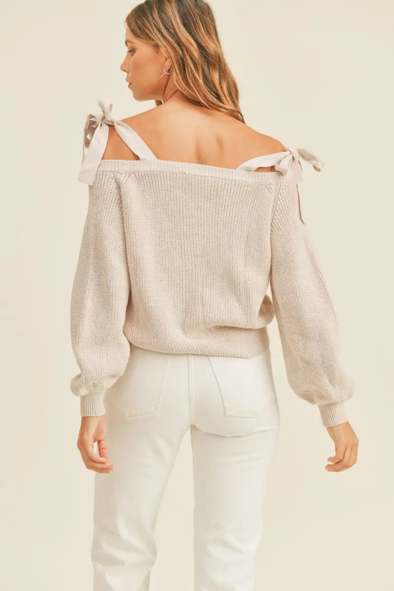 Off Shoulder Self Tie Strap Button Down Sweater - Sweater - MABLE - Winter Collection