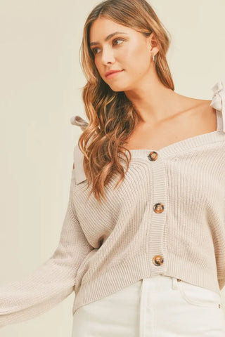 Off Shoulder Self Tie Strap Button Down Sweater - Sweater - MABLE - Winter Collection