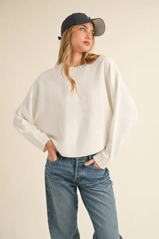 Off White / S - Round Neck Dolman Sleeve Cropped Sweater - Sweater - MABLE - Winter Collection