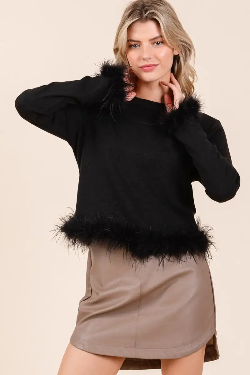 Black / S - Feather Trim Long Sleeve Crop Hacci Knit Top - Sweater - Mittoshop - Winter Collection