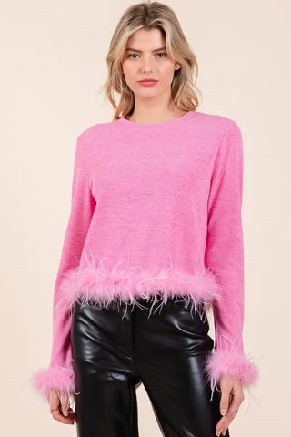 Bubble Gum / S - Feather Trim Long Sleeve Crop Hacci Knit Top - Sweater - Mittoshop - Winter Collection