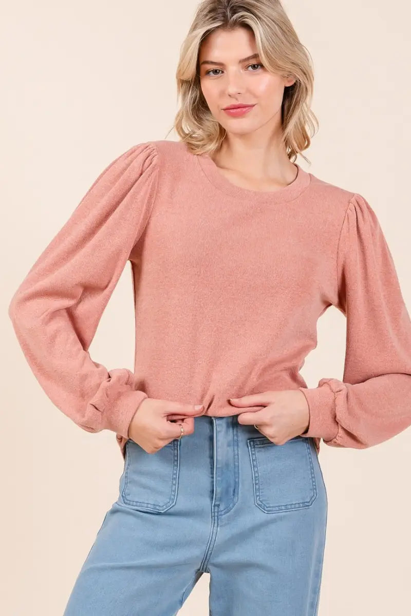 Coral / S - Round Neck Long Sleeve Rib Knit Top - Sweater - Mittoshop - Winter Collection