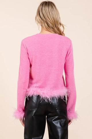 Feather Trim Long Sleeve Crop Hacci Knit Top - Sweater - Mittoshop - Winter Collection