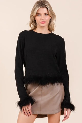 Feather Trim Long Sleeve Crop Hacci Knit Top - Sweater - Mittoshop - Winter Collection