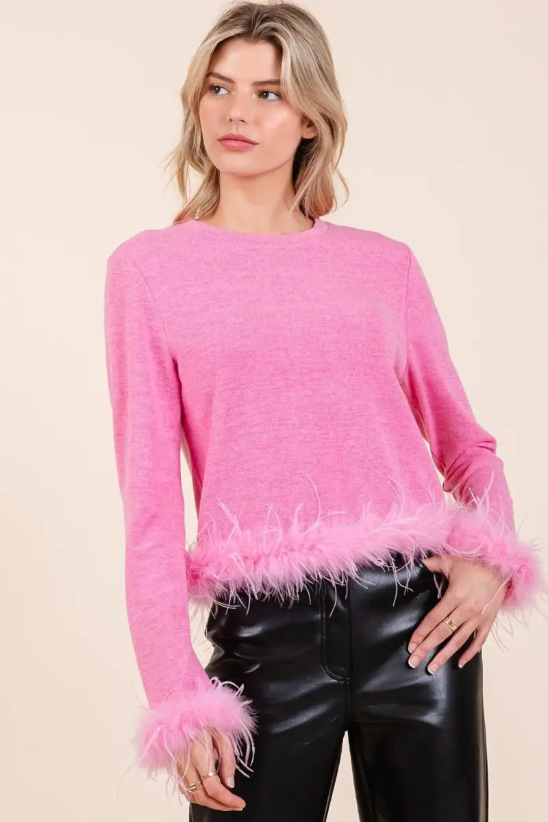 Feather Trim Long Sleeve Crop Hacci Knit Top - Sweater - Mittoshop - Winter Collection