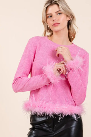 Feather Trim Long Sleeve Crop Hacci Knit Top - Sweater - Mittoshop - Winter Collection