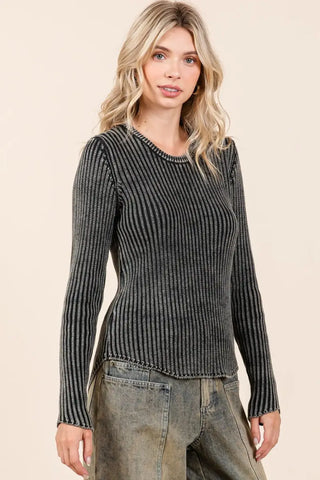 Mineral Wash Fitted Long Sleeve Rib Knit Top - Sweatshirt - Mittoshop - Winter Collection