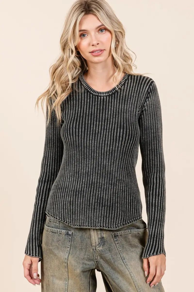 Mineral Wash Fitted Long Sleeve Rib Knit Top - Sweatshirt - Mittoshop - Winter Collection