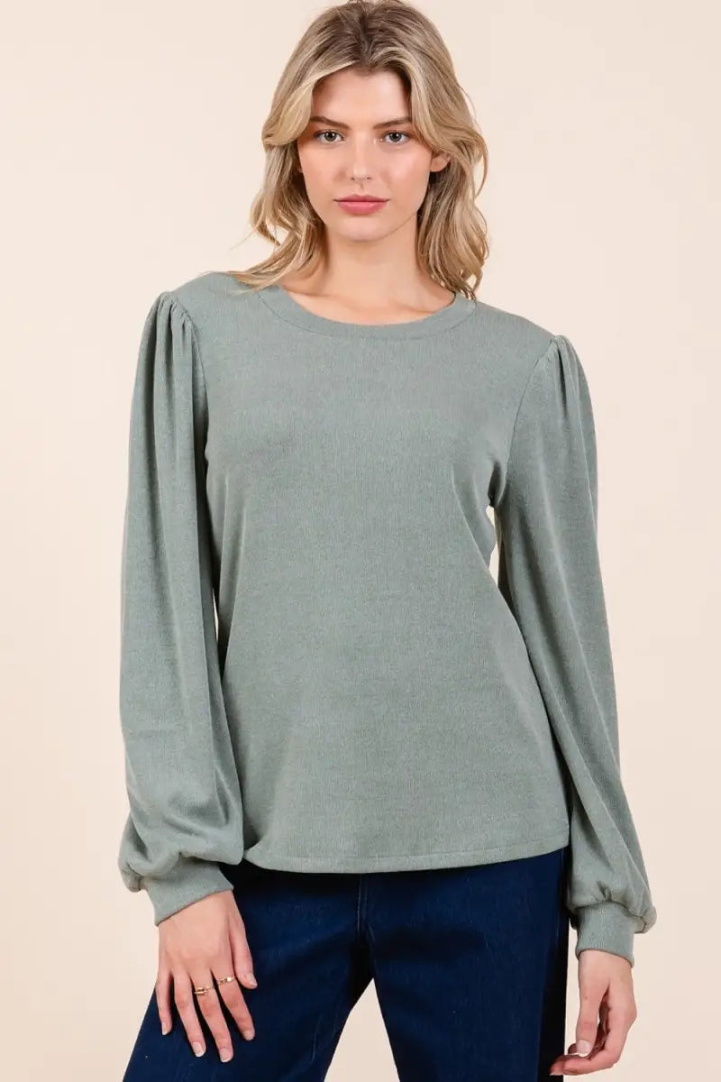 Sage / S - Round Neck Long Sleeve Rib Knit Top - Sweater - Mittoshop - Winter Collection