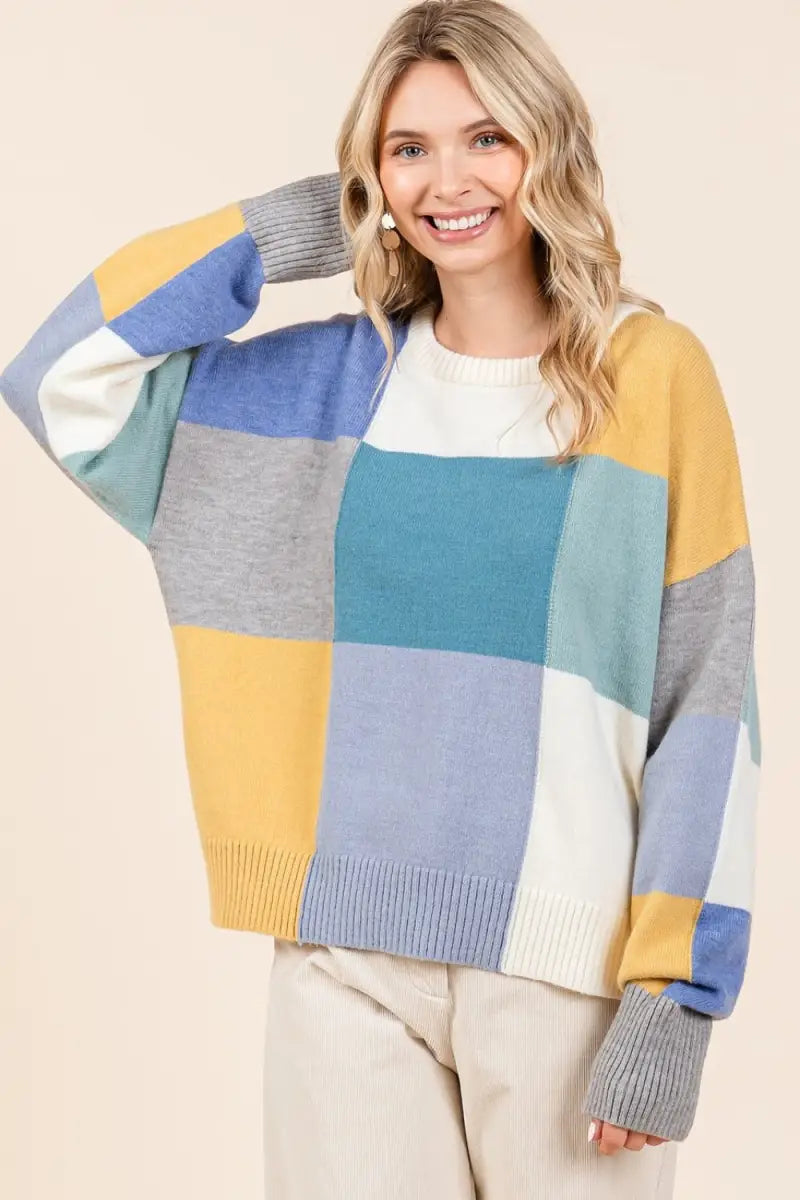 Seafoam / S - Color Block Round Neck Sweater - Sweater - Mittoshop - Winter Collection