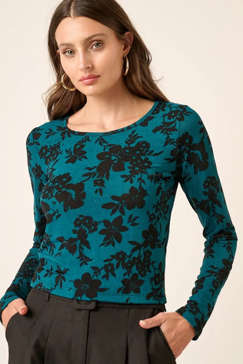 Teal / S - Flower Print Long Sleeve Knit Top - Sweatshirt - Mittoshop - Winter Collection