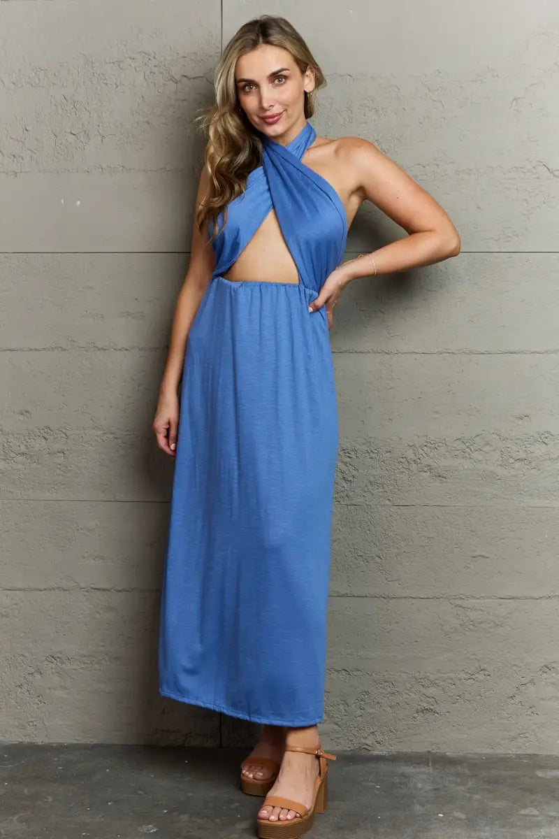 Blue / S - Know Your Worth Criss Cross Halter Neck Maxi Dress - Dress - Ninexis - Dresses