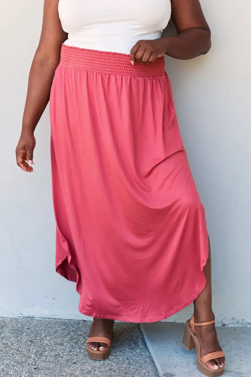 Cranberry / S - Doublju Comfort Princess Full Size High Waist Scoop Hem Maxi Skirt - Skirt - Ninexis - Bottoms