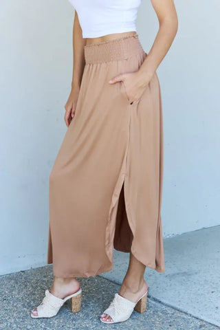 Doublju Comfort Princess Full Size High Waist Scoop Hem Maxi Skirt in Tan - Skirt - Ninexis - Bottoms