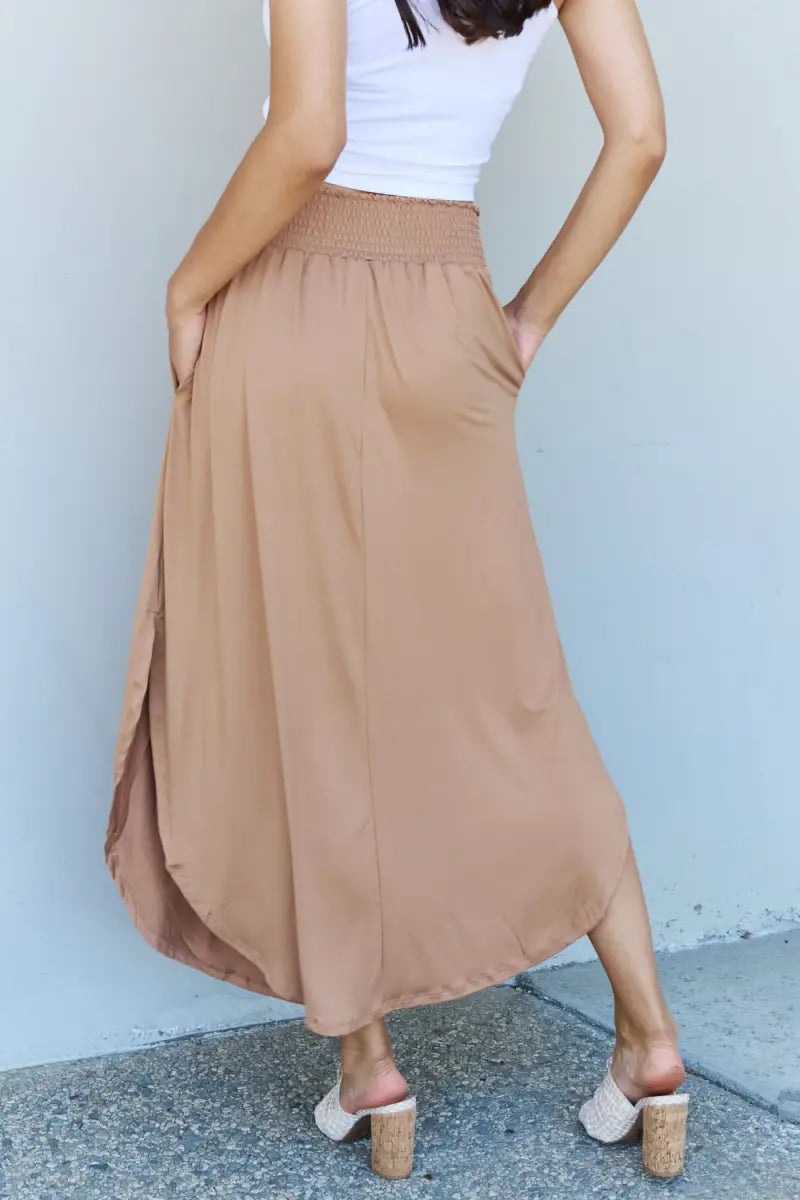 Doublju Comfort Princess Full Size High Waist Scoop Hem Maxi Skirt in Tan - Skirt - Ninexis - Bottoms