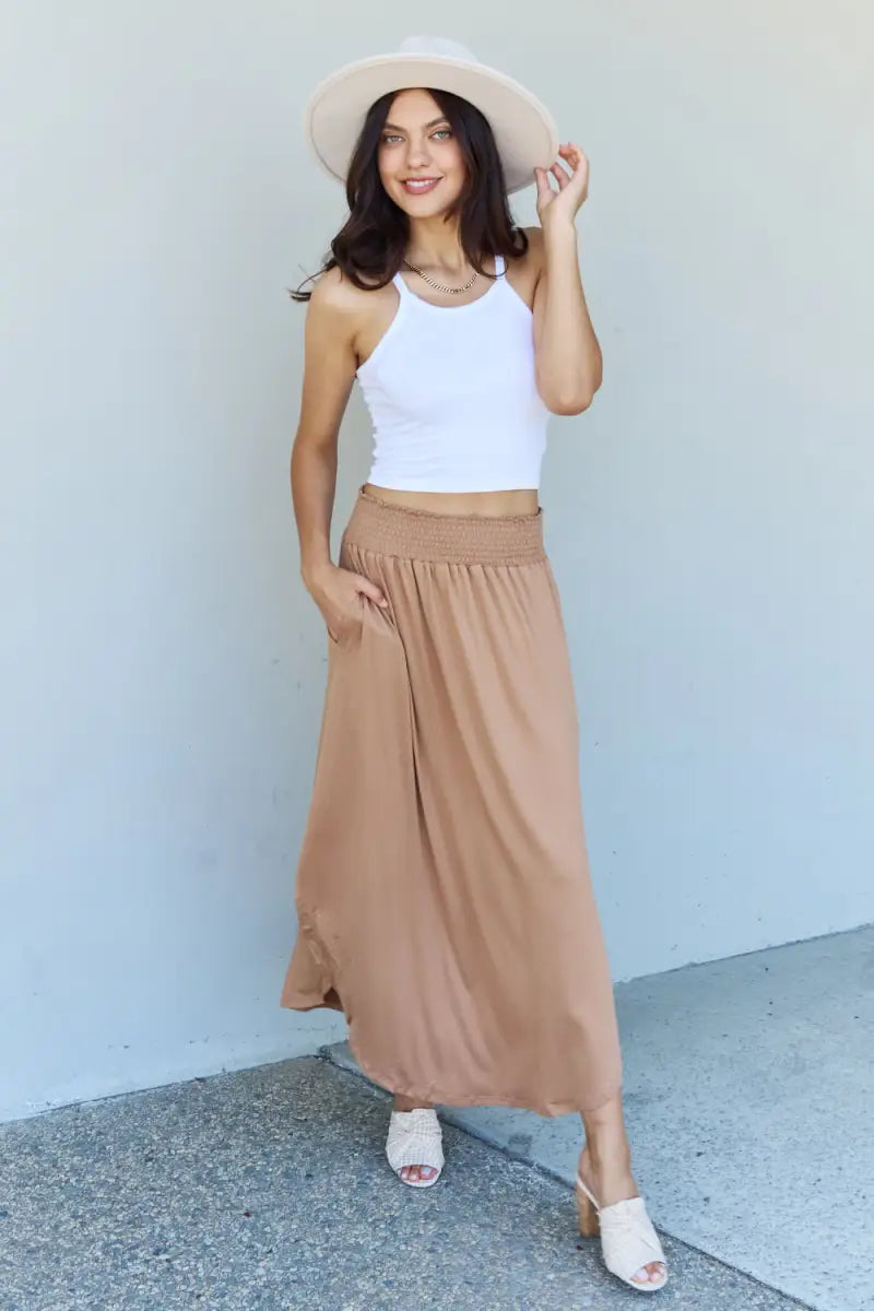 Doublju Comfort Princess Full Size High Waist Scoop Hem Maxi Skirt in Tan - Skirt - Ninexis - Bottoms