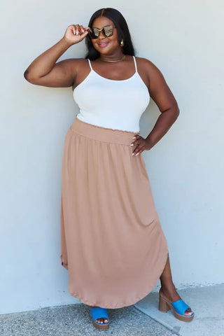 Doublju Comfort Princess Full Size High Waist Scoop Hem Maxi Skirt in Tan - Skirt - Ninexis - Bottoms