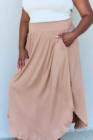 Doublju Comfort Princess Full Size High Waist Scoop Hem Maxi Skirt in Tan - Skirt - Ninexis - Bottoms