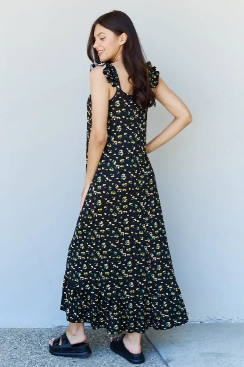 Doublju In The Garden Ruffle Floral Maxi Dress in Black Yellow Floral - Dress - Ninexis - Dresses