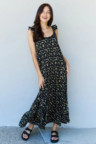 Doublju In The Garden Ruffle Floral Maxi Dress in Black Yellow Floral - Dress - Ninexis - Dresses