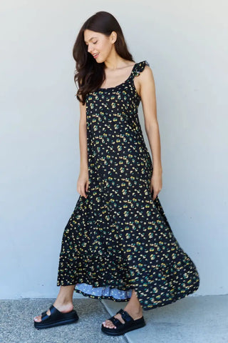 Doublju In The Garden Ruffle Floral Maxi Dress in Black Yellow Floral - Dress - Ninexis - Dresses