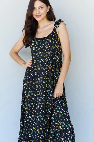 Doublju In The Garden Ruffle Floral Maxi Dress in Black Yellow Floral - Dress - Ninexis - Dresses